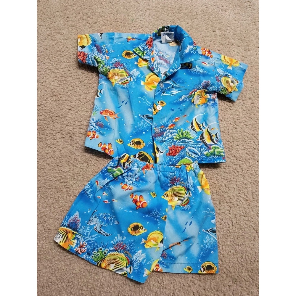 Vintage 90s Kai Nani Hawaiian Fish Sea Creatures Outfit Baby Boys 12 Months